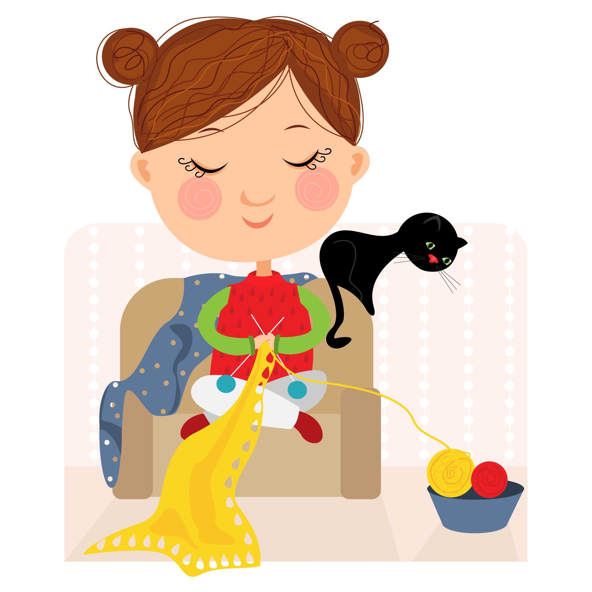 Ručni rad, devojka pekrštenih nogu u joga poziciji štrika potpuno opuštena